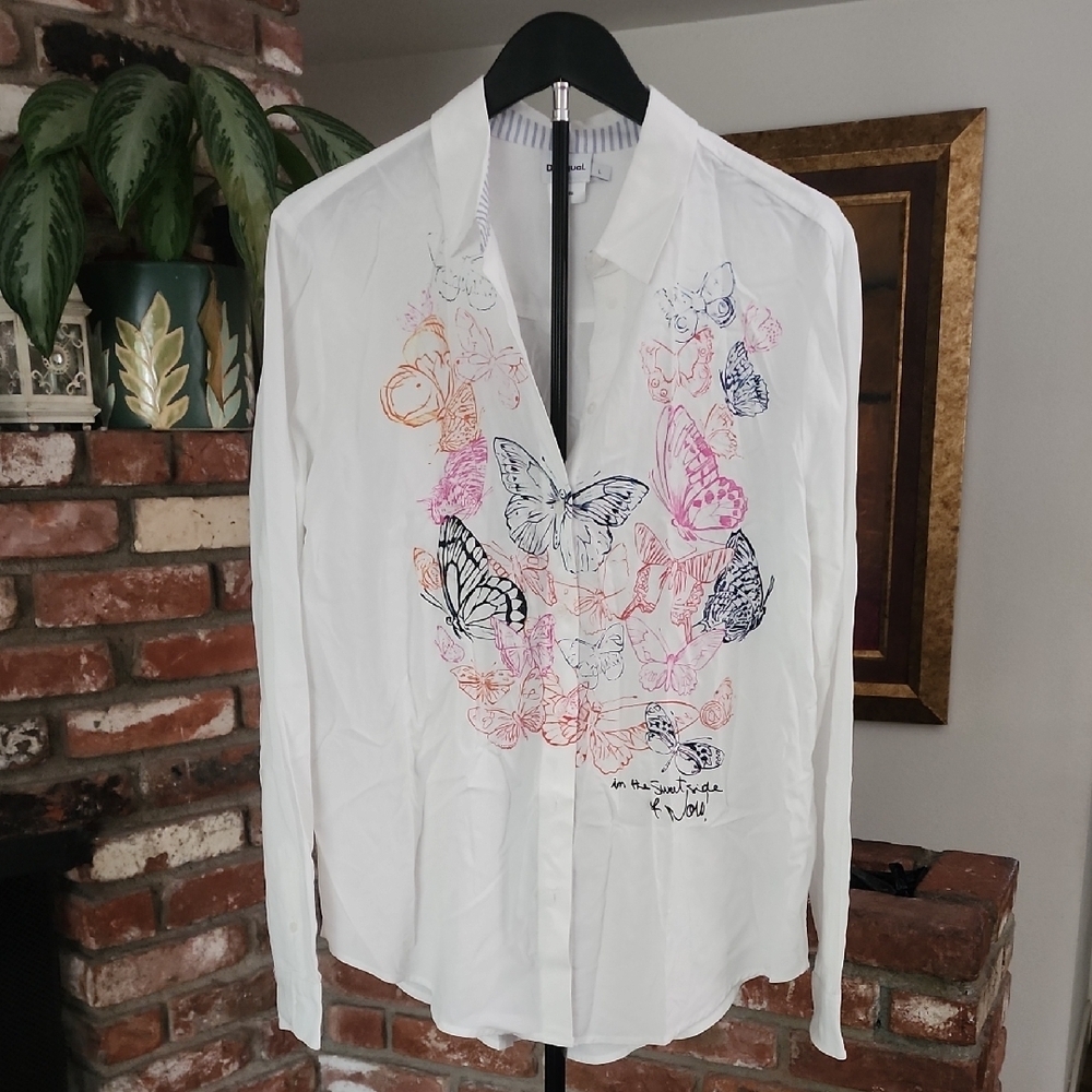 Desigual Butterfly Graphic Button-Up Shirt White Multicolor
